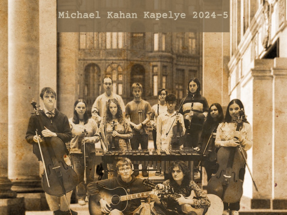 A sepia photograph showing a group of young musicians from the Michael Kahan Kapelye.