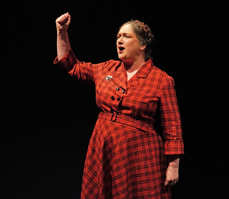 A photograph of a middle-aged woman with braided hair. She is wearing a red dress with long sleeves. She is raising her right arm and is shouting. 